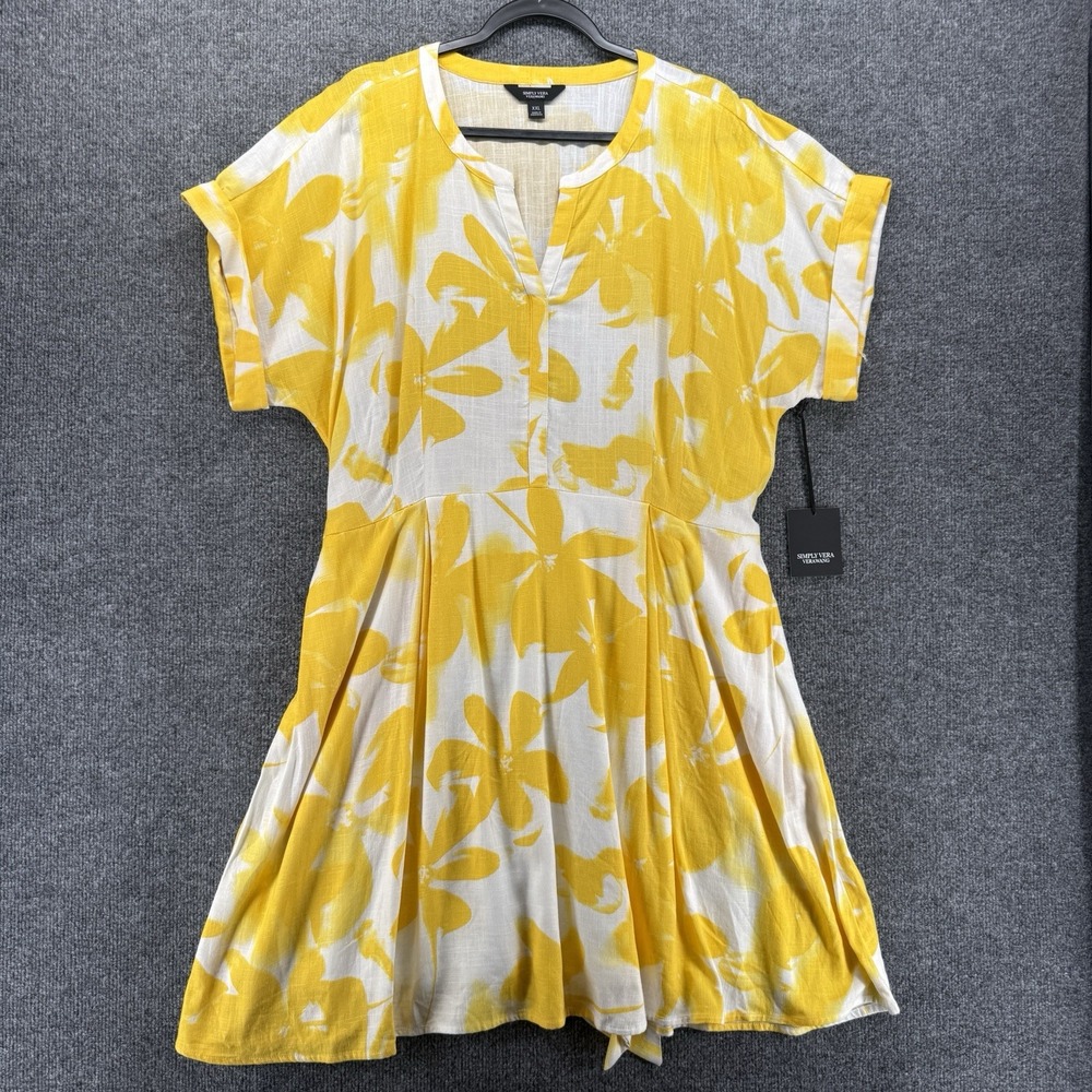 Simply Vera Wang Dress Womens 2XL Yellow White Floral V-Neck Boho Feminine Prep